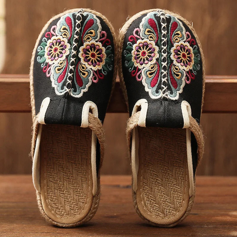 Retro Floral Linen Mules