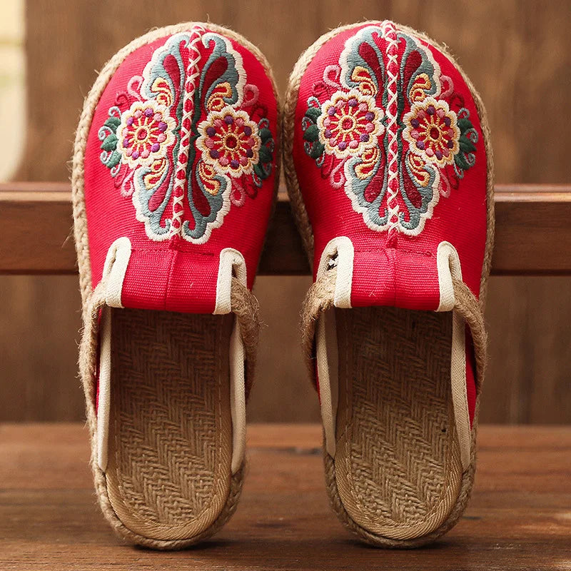 Retro Floral Linen Mules