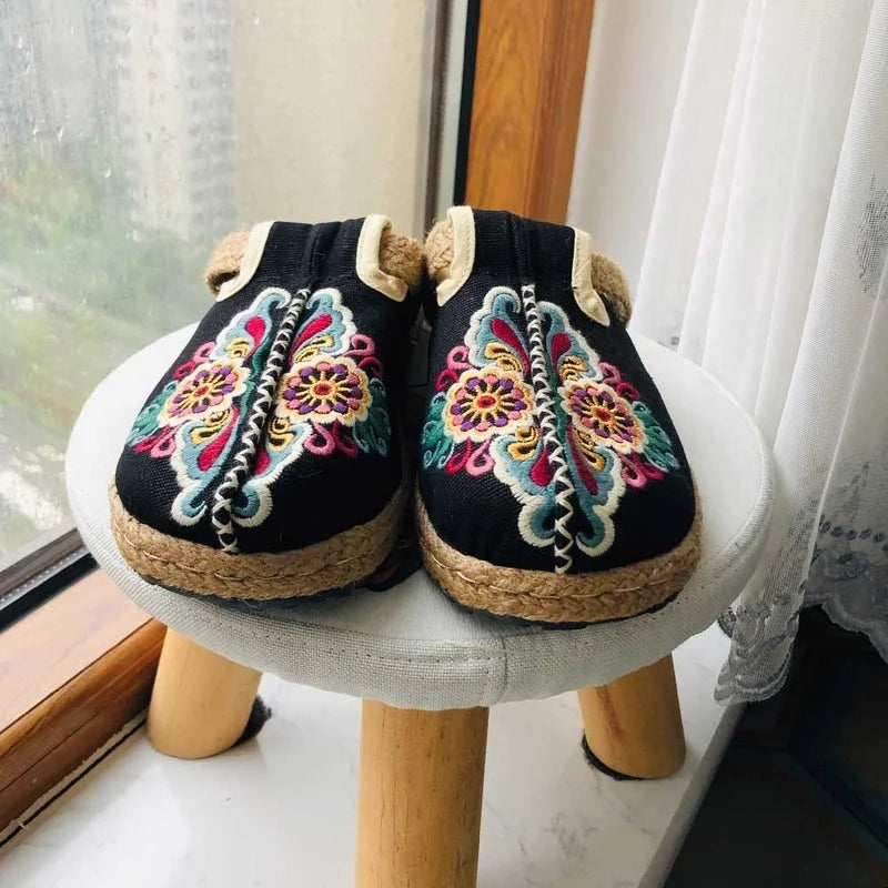 Retro Floral Linen Mules