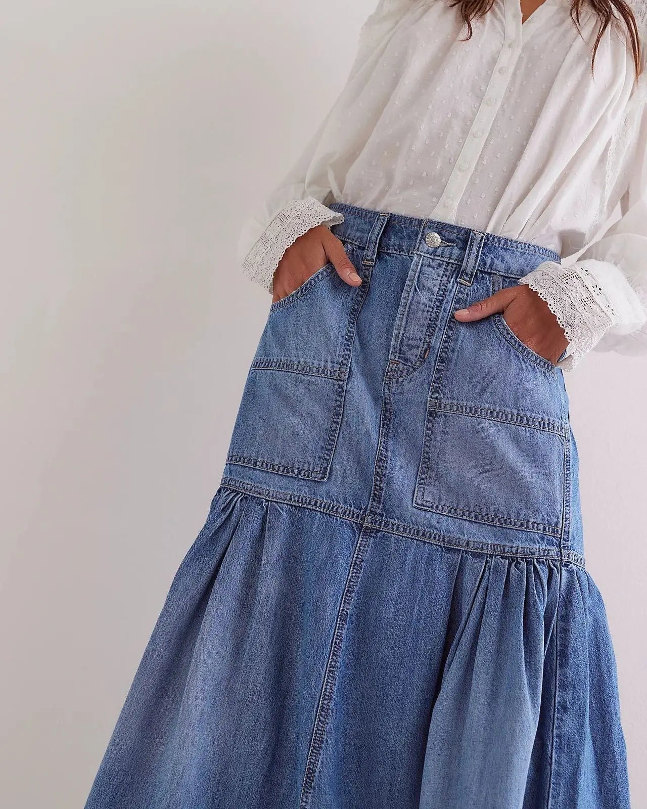 High-Waist Ruffled Denim Skirt