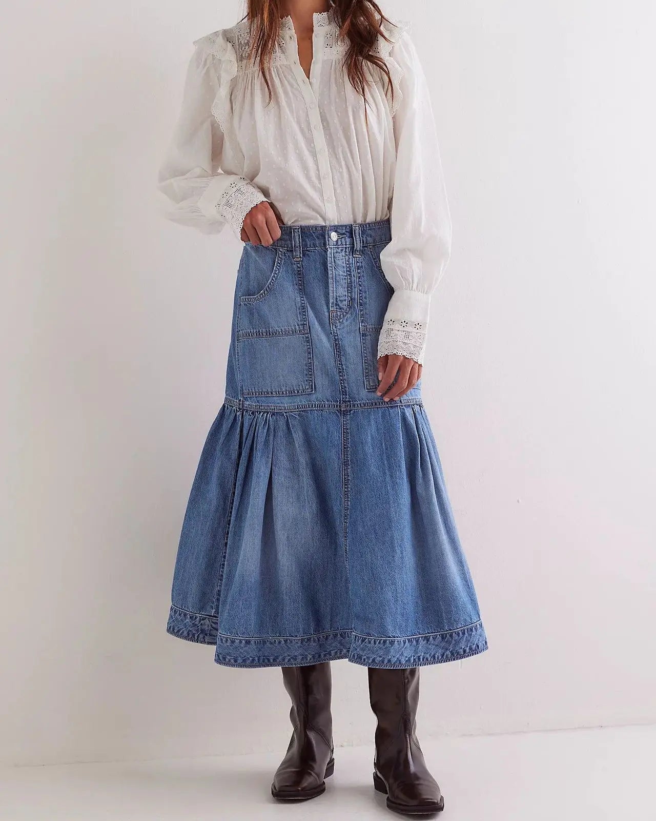 High-Waist Ruffled Denim Skirt