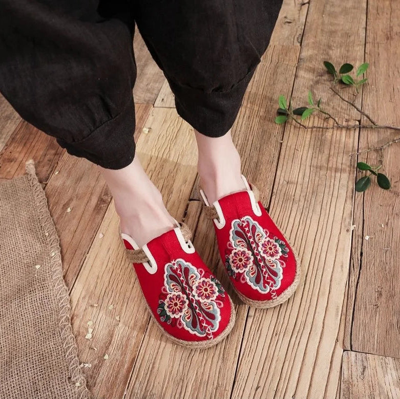 Retro Floral Linen Mules