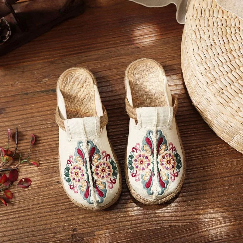 Retro Floral Linen Mules