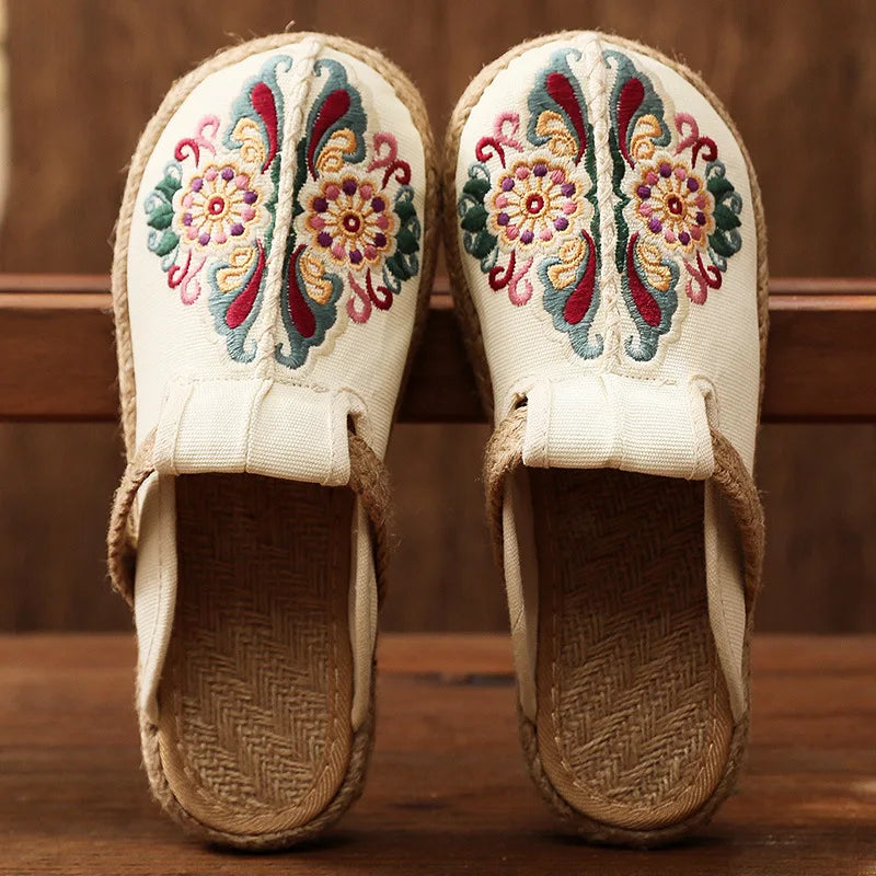 Retro Floral Linen Mules