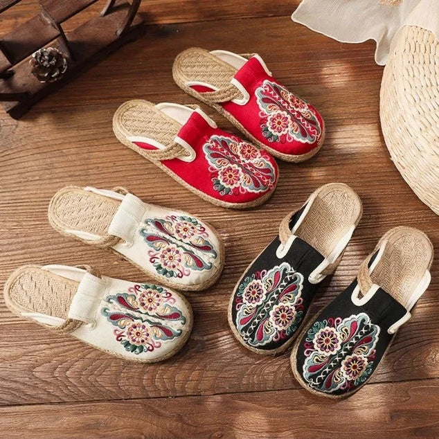 Retro Floral Linen Mules