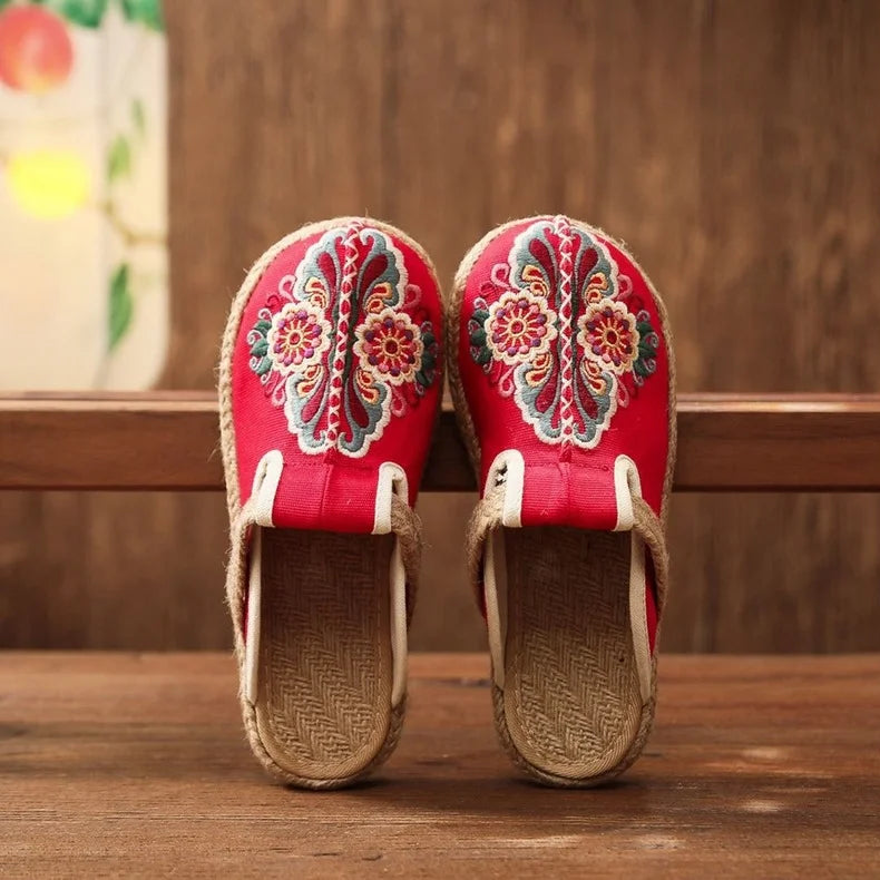 Retro Floral Linen Mules