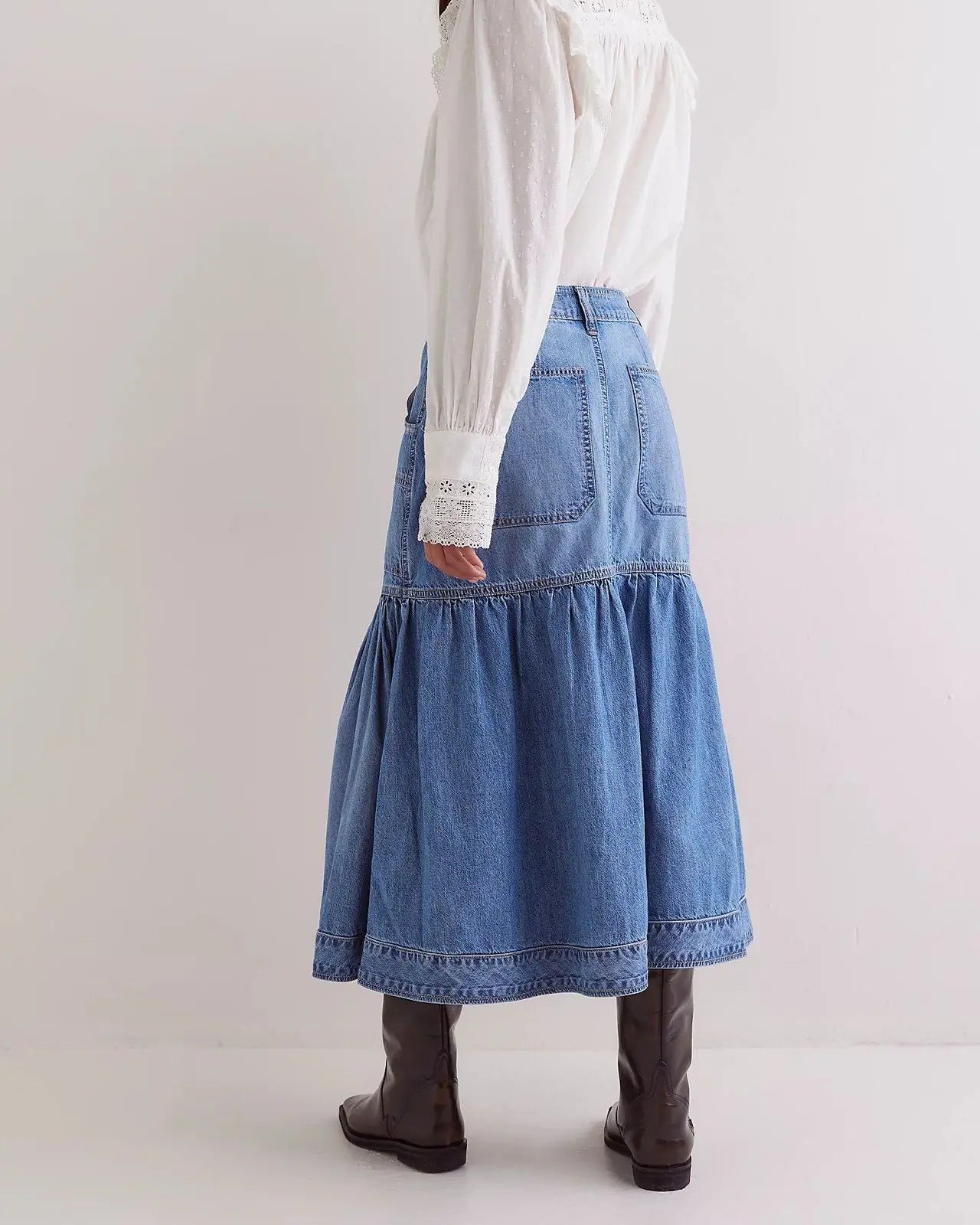 High-Waist Ruffled Denim Skirt