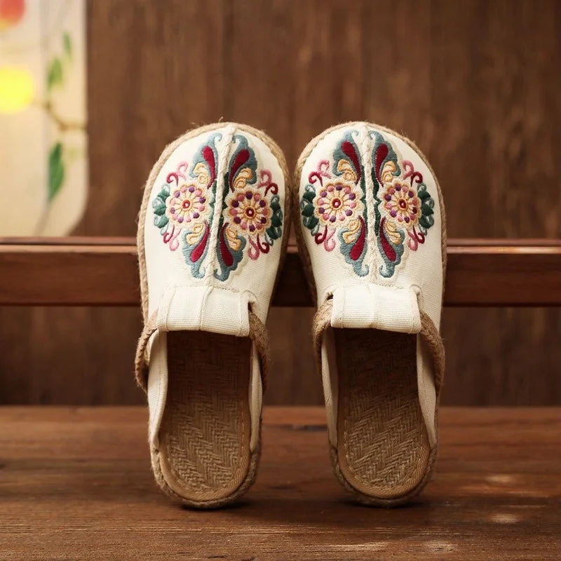 Retro Floral Linen Mules