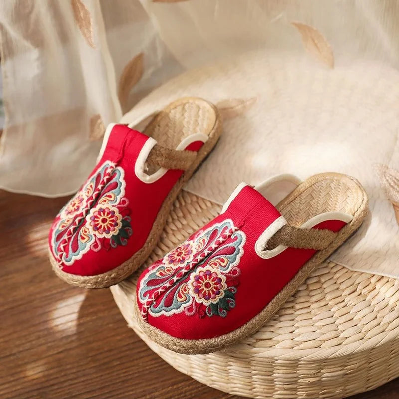 Retro Floral Linen Mules