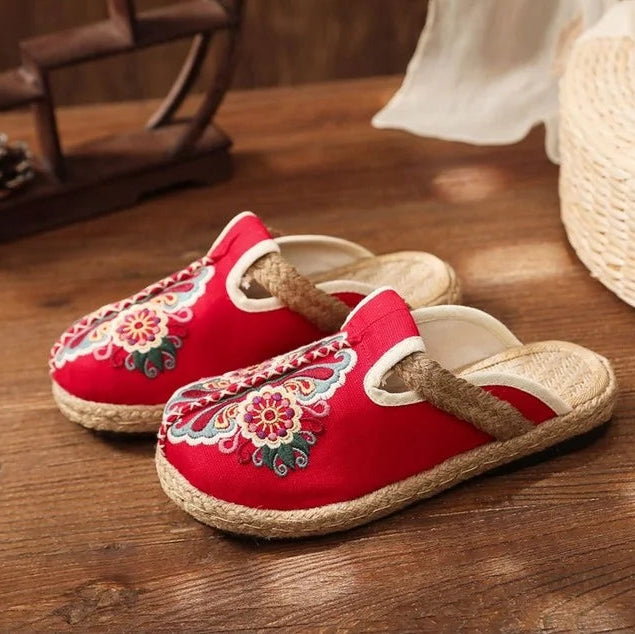 Retro Floral Linen Mules