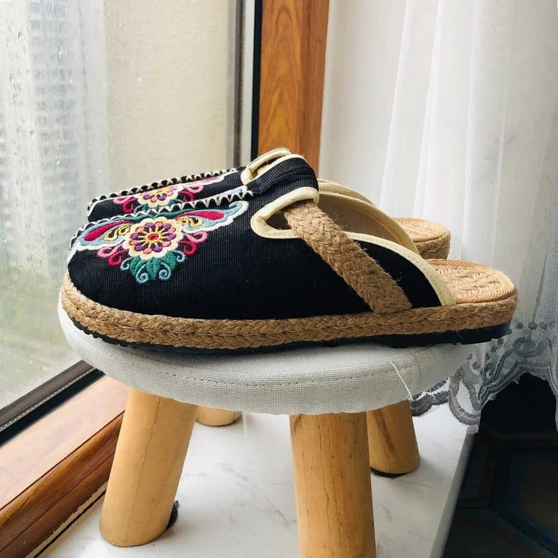 Retro Floral Linen Mules