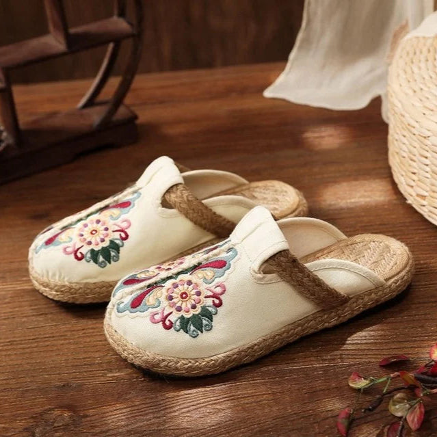 Retro Floral Linen Mules