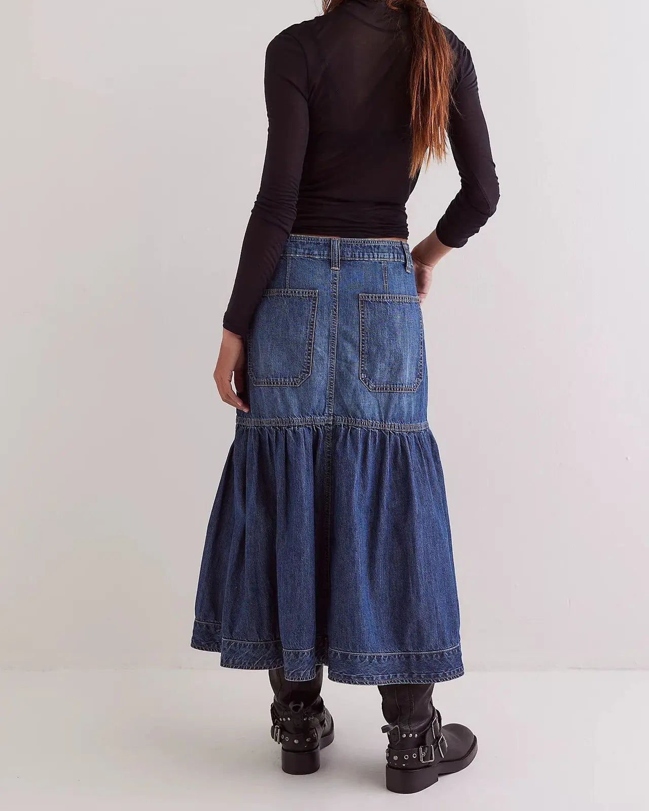 High-Waist Ruffled Denim Skirt
