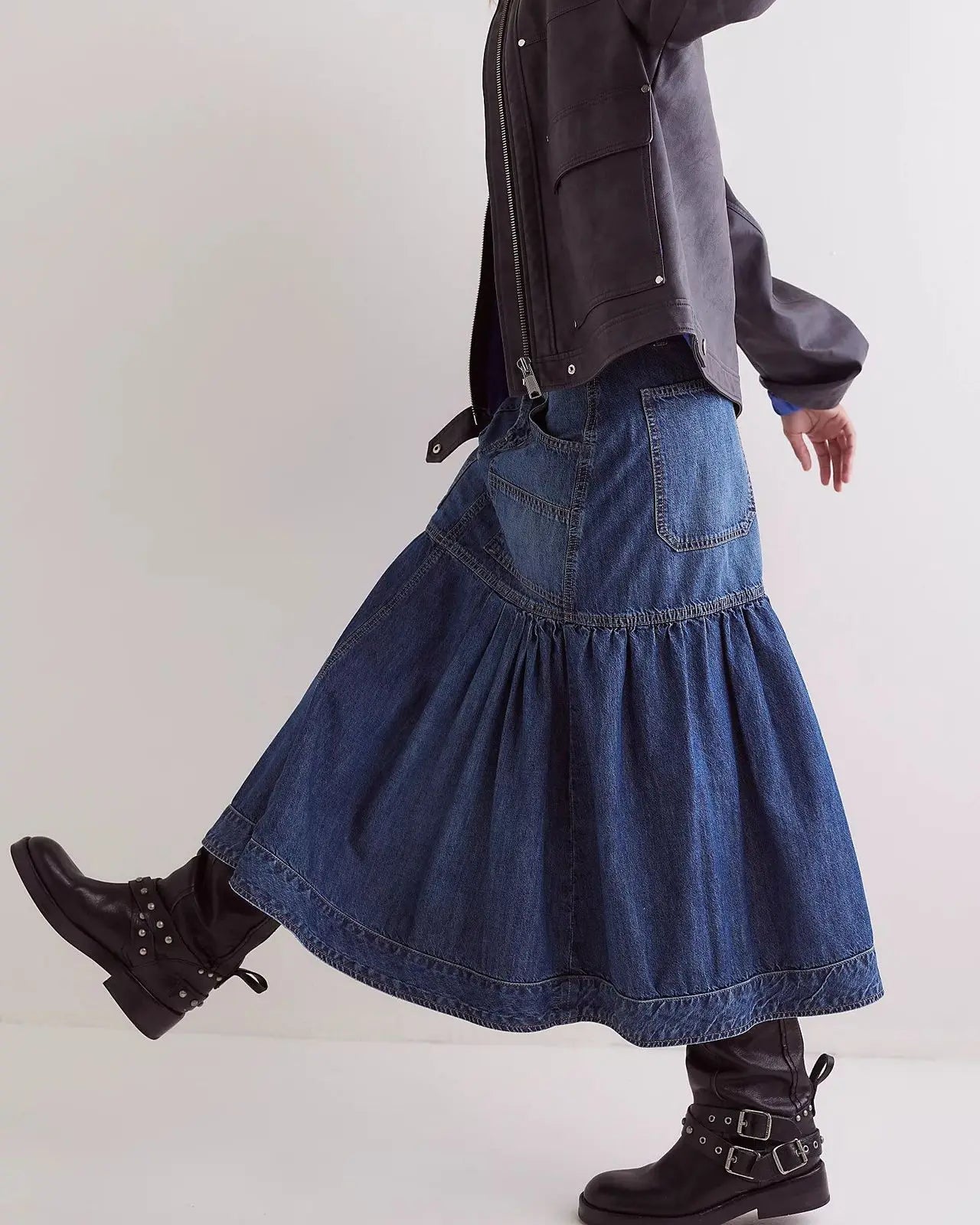 High-Waist Ruffled Denim Skirt